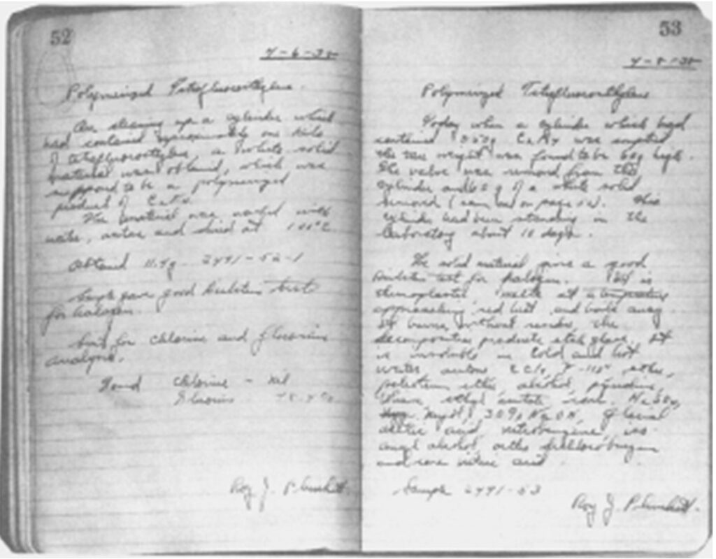 Photo of lab notebook page where Plunkett recorded the discovery of PTFE