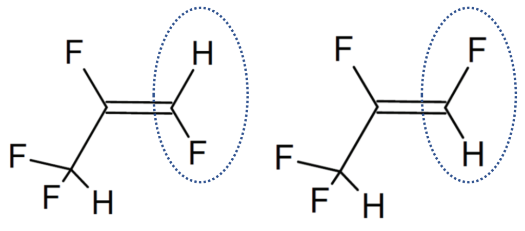The compound on the left is R-1234ye(E) and the compound on the right is R-1234ye(Z).